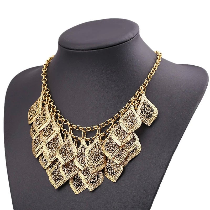 YAZILIND Vintage Gorgeous Multilayer Gold-Silver-Plated Leaves Chain Collar Bib Chunky Necklace (Gold-tone) - Image 3